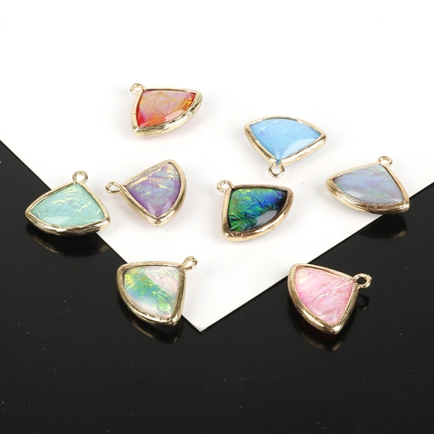 Copper Edged Synthetic Opal Fan Shaped Pendants For DIY Necklace Earring Making Women Jewelry Craft Supplies Accessories