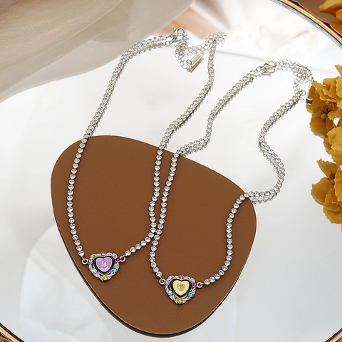 Sweet Alloy Enamel Heart Pendant Necklace For Women Rhinestone Tennis Chain Colorful Zirconia Inlaid Choker Necklaces Jewelry