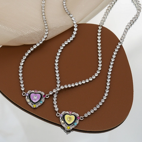 Sweet Alloy Enamel Heart Pendant Necklace For Women Rhinestone Tennis Chain Colorful Zirconia Inlaid Choker Necklaces Jewelry