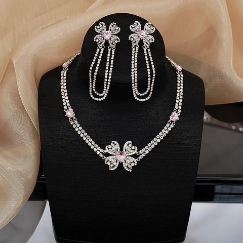 Light Luxury Alloy Rhinestone Pink Heart Jewelry Set Tassel Earrings Double Layer Choker Necklace For Women Wedding Party Prom Accessories