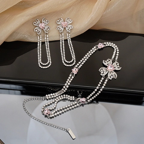Light Luxury Alloy Rhinestone Pink Heart Jewelry Set Tassel Earrings Double Layer Choker Necklace For Women Wedding Party Prom Accessories