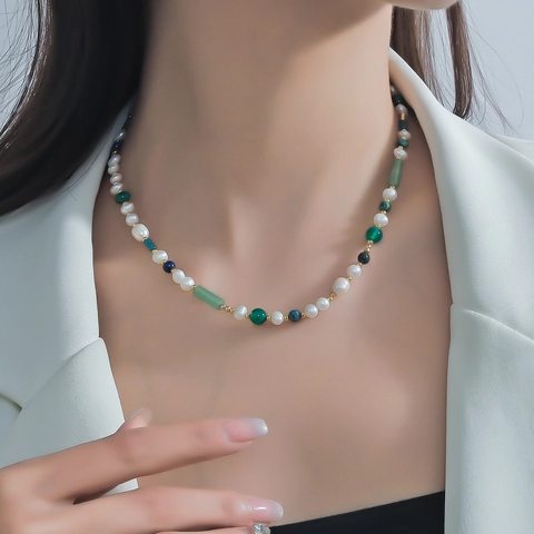 Gargantilla Vintage Hecha a Mano de Perlas de Agua Dulce Ágata Verde Lapislázuli para Mujer Joyería Elegante de Piedra Natural