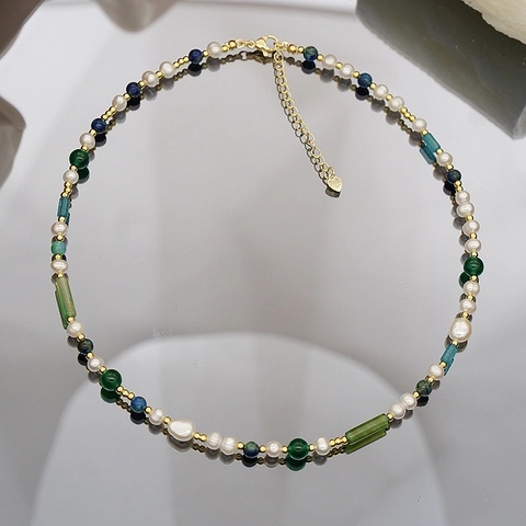 Gargantilla Vintage Hecha a Mano de Perlas de Agua Dulce Ágata Verde Lapislázuli para Mujer Joyería Elegante de Piedra Natural