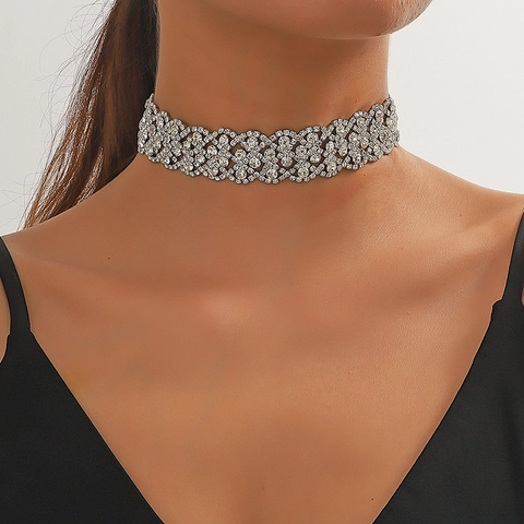 Gargantilla Ancha de Diamantes de Imitación para Mujer Boda Fiesta Lujo Aleación de Plata Joyería de Moda Collar