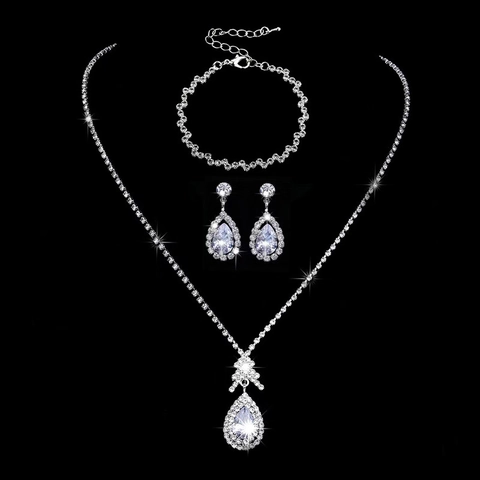 Luxury Alloy Rhinestone Waterdrop Necklace Earrings Bracelet Set Silver Bridal Wedding Jewelry Set For Women Banquet Party