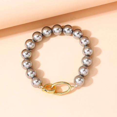 Minimalist Gray Shell Artificial Pearl Bracelet For Women Luxury Copper Gold Plated Oval Clasp Geometric Bead Hand Chain Jewelry