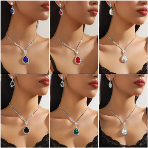 Luxuriöses Wassertropfen Strass Halskette Und Ohrringe Schmuckset Für Damen Braut Hochzeit Bankett Legierung Glänzendes Accessoire