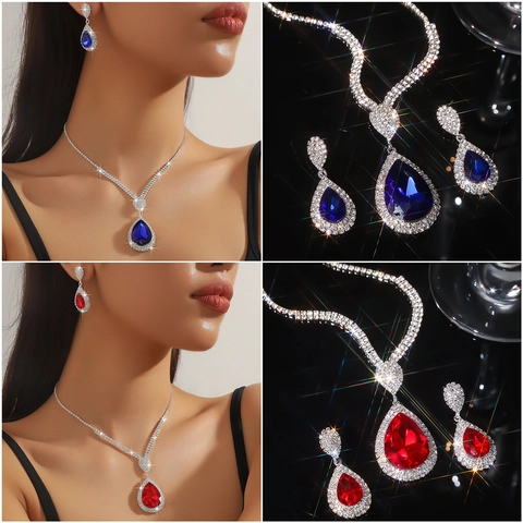 Luxuriöses Wassertropfen Strass Halskette Und Ohrringe Schmuckset Für Damen Braut Hochzeit Bankett Legierung Glänzendes Accessoire
