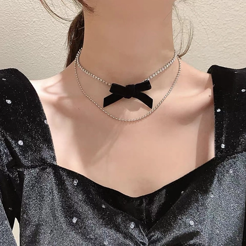 Collar Gargantilla de Doble Capa Con Strass y Lazo de Terciopelo para Mujer Cadena de Bolas Plateada Ajustable Joyería de Moda
