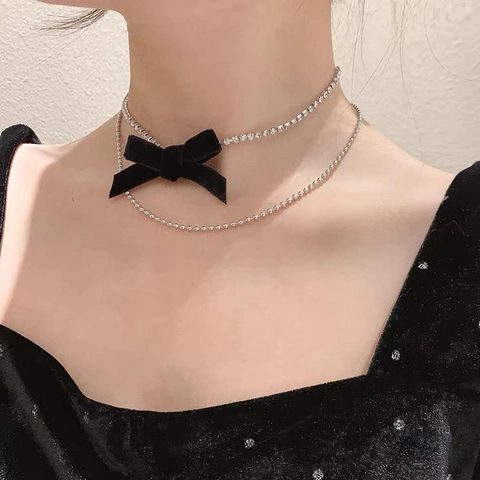 Collar Gargantilla de Doble Capa Con Strass y Lazo de Terciopelo para Mujer Cadena de Bolas Plateada Ajustable Joyería de Moda