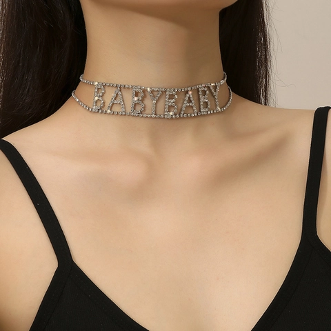 Collier Choker Lettre BABYBABY en Strass Étincelant Pour Femmes Alliage Plaqué Argent Chaîne Alphabet Réglable Bijoux de Fête