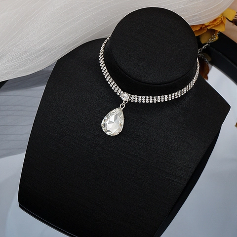Collar Choker de Cadena de Cobre con Diamantes de Imitación para Mujer Colgante de Cristal Gota de Agua Rectángulo Joyería