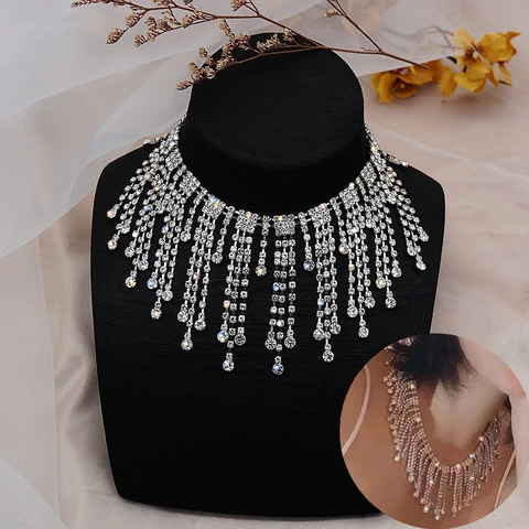 Collier Choker de Luxe en Alliage avec Gland en Strass pour Femme Collier à Franges Argentées pour Mariage et Fête