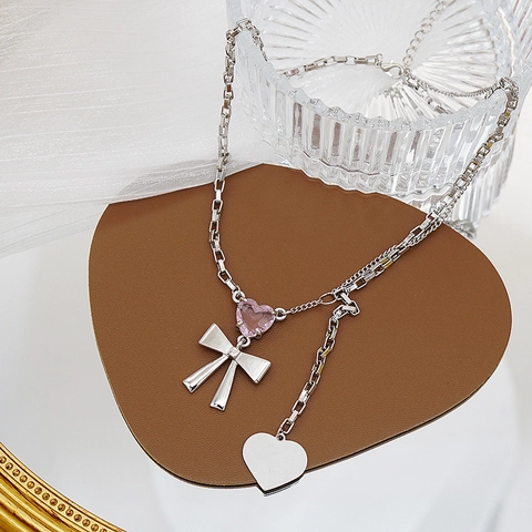 Collar con Colgante de Corazón y Lazo de Cristal Rosa para Mujer Cadena de Cobre Plateado Doble Capa Joyería de Moda