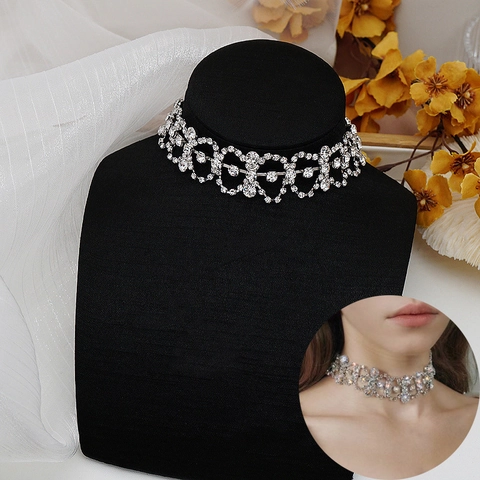 Luxus Silber Legierung Strass Choker Halskette Elegant Hohl Geometrisch Funkelnd Braut Hochzeit Party Damen Schmuck
