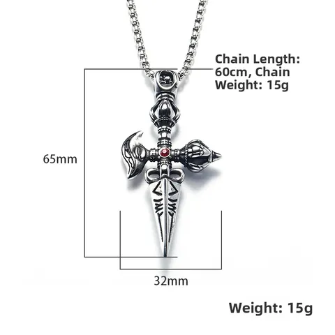 Vintage Men Titanium Steel Vajra Pestle Cross Pendant Necklace Ethnic Punk Style With Red Rhinestone Distressed Jewelry