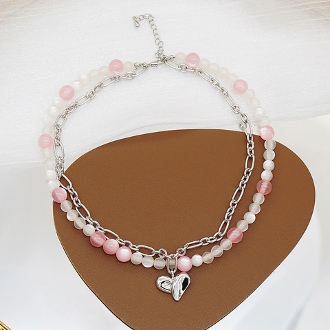 Collier de Perles Multi-rangs pour Femmes Pendentif Cœur en Alliage Cristal Chaîne de Clavicule Ras du Cou Perles Rose Blanc Bijoux
