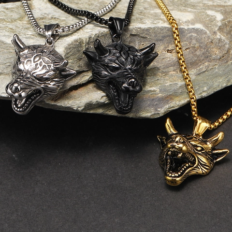 Vintage Punk Men Titanium Steel Hyena Wolf Head Pendant Necklace Retro Distressed Animal Hip Hop Decorative Jewelry For Men