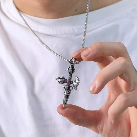 Vintage Men Titanium Steel Vajra Pestle Cross Pendant Necklace Ethnic Punk Style With Red Rhinestone Distressed Jewelry