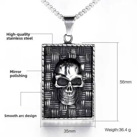 Collar con Colgante de Calavera de Acero de Titanio para Hombre Punk Vintage Rectangular Relieve Textura Trenzada Joyería Gótica