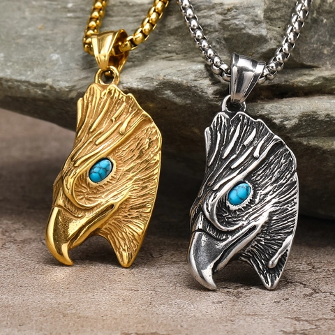 Vintage Hip Hop Eagle Head Pendant Necklace For Men Titanium Steel Punk Streetwear Jewelry With Blue Rhinestone Eye Accent