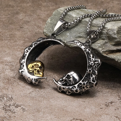 Gothic Punk Edelstahl Crescent Moon Skull Anhänger Halskette Für Herren Damen Vintage Hip Hop Box Kette Schmuck