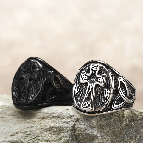 Vintage Men's Stainless Steel Celtic Cross Ring Gothic Punk Biker Band Ring With Celtic Knot Retro Jewelry For Men Gift