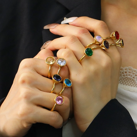 Fashion Stainless Steel Colorful Rhinestone Ring For Women Luxury Bezel Setting Round Stone Inlaid Geometric Finger Ring Jewelry