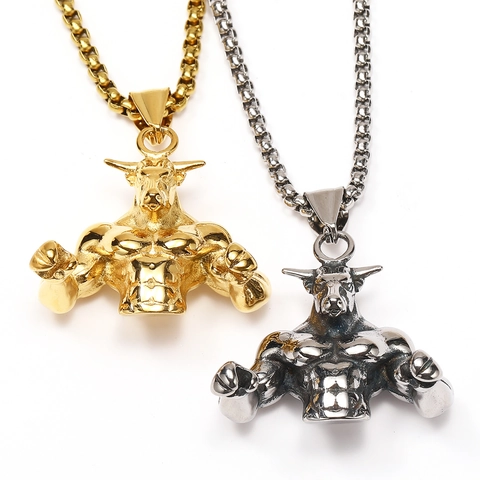 Hip Hop Muscle Bull Pendant Necklace Stainless Steel Electroplated Punk Style Animal Bull Head Jewelry For Men Accessory