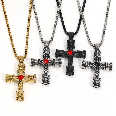 Collar con Colgante de Cruz y Corona Gótica Retro para Hombre Vintage de Acero de Titanio con Zirconia Incrustada Joyería Hip Hop Rock
