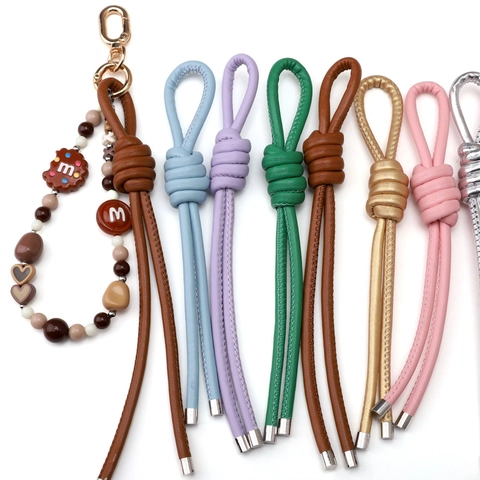 Handmade Colorful PU Leather Knotted Pendant Rope With Silver Metal Cap For DIY Bag Charm Phone Keychain Strap Accessory
