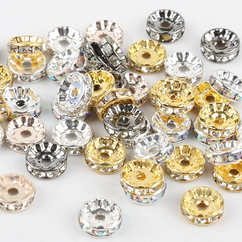 Copper Rhinestone Rondelle Spacer Beads For DIY Jewelry Making Gold Silver Plated Metal Loose Beads For Bracelet Necklace