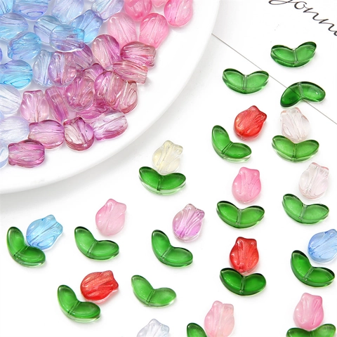 Tulip Flower Glass Beads DIY Jewelry Making Accessories Handmade Lampwork Petal Leaf Charms For Bracelet Necklace Earrings