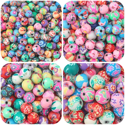 Perles Rondes en Pâte Polymère Multicolore Motif Floral Imprimé Perles Intercalaires pour Fabrication de Bijoux DIY Accessoires