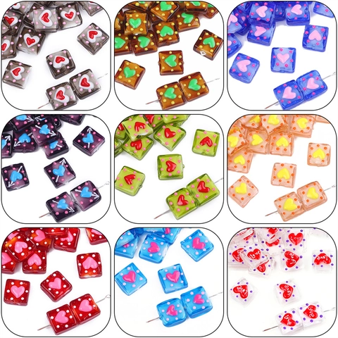 Square Handcrafted Glass Lampwork Beads Heart Pattern DIY Jewelry Making Supplies For Necklace Bracelet Accessories