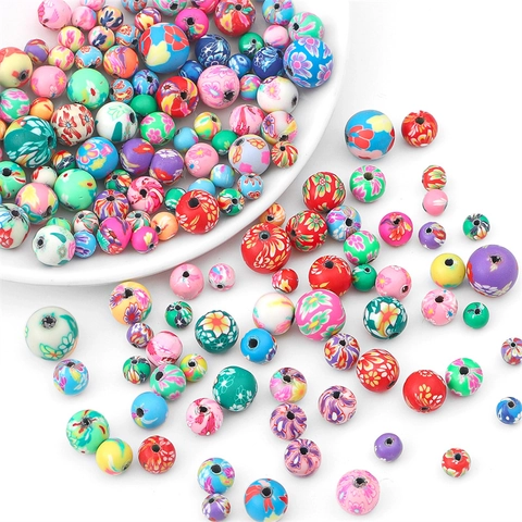 Perles Rondes en Pâte Polymère Multicolore Motif Floral Imprimé Perles Intercalaires pour Fabrication de Bijoux DIY Accessoires