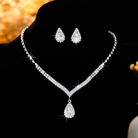 Luxury Alloy Zirconia Rhinestone Teardrop Pendant Necklace Earrings Set Bridal Wedding Waterdrop Fashion Jewelry For Women