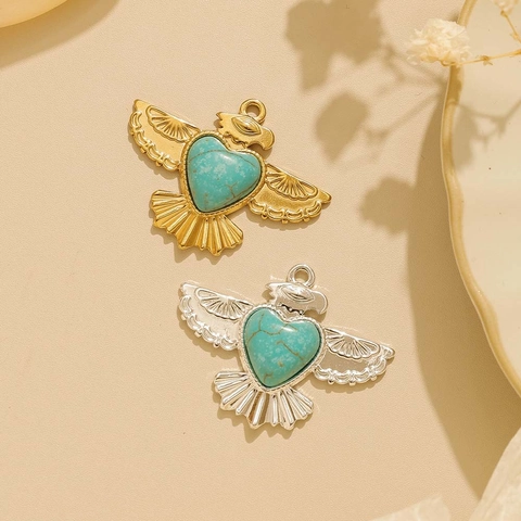 Vintage Western Cowboy Stainless Steel Bird Eagle Pendant Bohemian Artificial Turquoise Inlaid Charm DIY Necklace Accessory