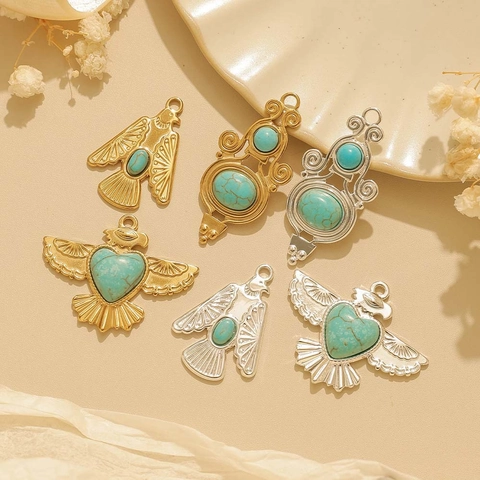 Vintage Western Cowboy Stainless Steel Bird Eagle Pendant Bohemian Artificial Turquoise Inlaid Charm DIY Necklace Accessory