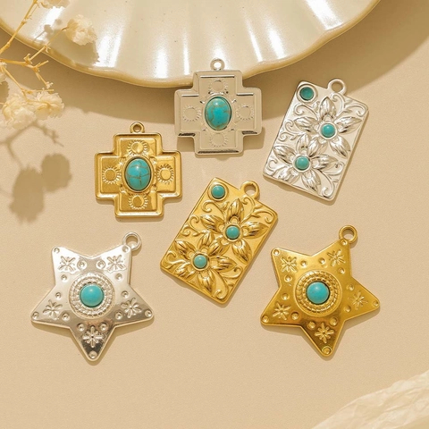 Vintage Stainless Steel Pendant For DIY Jewelry Making Ethnic Artificial Turquoise Inlaid Star Cross Flower Charms Accessory