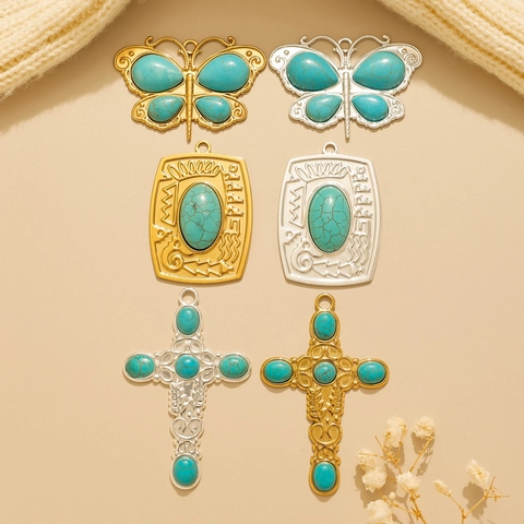 Bohemian Navajo Vintage Ανοξείδωτο Ατσάλι Απομίμηση Τυρκουάζ Πεταλούδα Σταυρός Ορθογώνιο Μενταγιόν DIY Αξεσουάρ