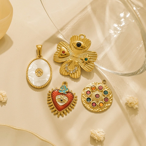 Edelstahl 18K Vergoldet DIY Anhänger Nur Ohne Kette Für Schmuckherstellung Perlmutt Herz Kleeblatt Charms