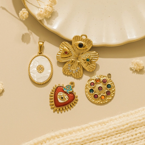 Edelstahl 18K Vergoldet DIY Anhänger Nur Ohne Kette Für Schmuckherstellung Perlmutt Herz Kleeblatt Charms
