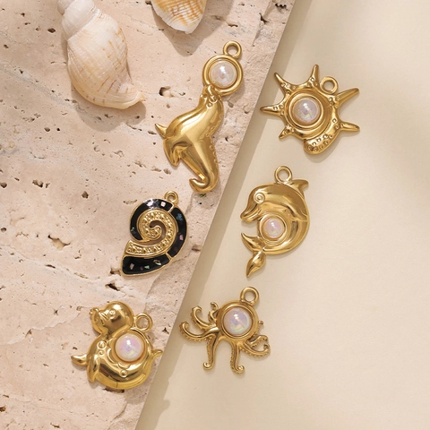 Ciondoli in Acciaio Inossidabile 304 Delfino Polpo Leone Marino Placcati Oro Perla Artificial Imitazione Smalto Creature Marine DIY