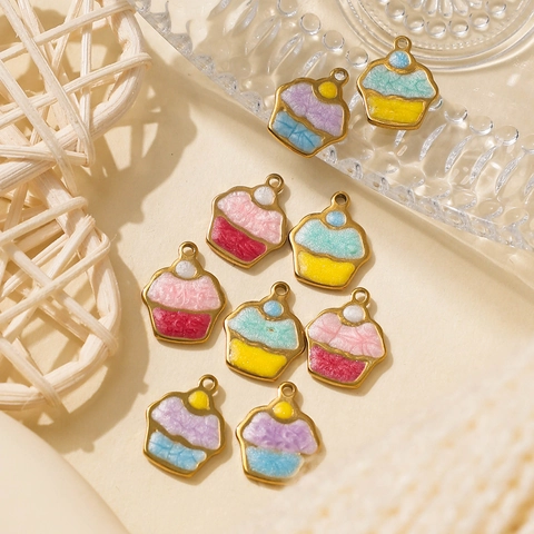 Stainless Steel Cupcake Pendants Colorful Drip Oil Enamel Charms For DIY Necklace Bracelet Jewelry Making Accessories