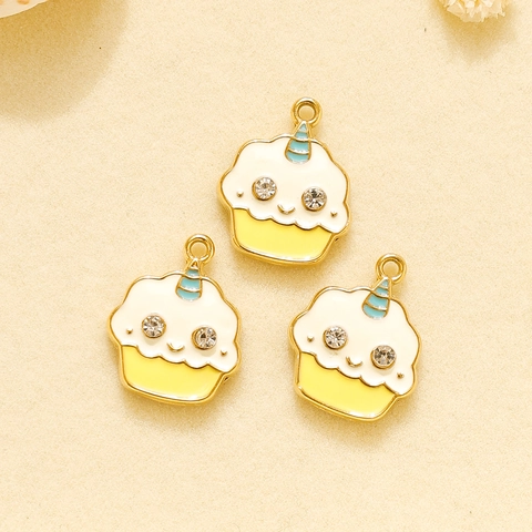 304 Stainless Steel Cupcake Pendant Enamel Drip Oil Unicorn Horn Design Small Charms Rhinestone Accents DIY Jewelry Accessories