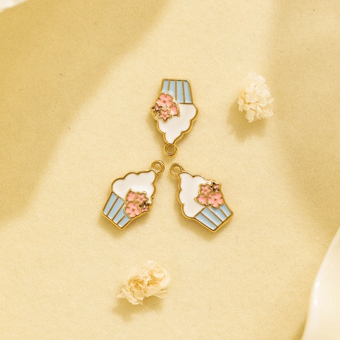 Cupcake Shape 304 Stainless Steel Enamel Charms For DIY Jewelry Making Bracelets Earrings Accessories Dessert Pendant