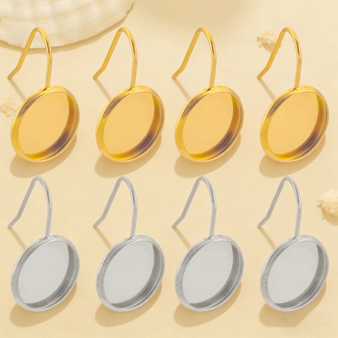 Stainless Steel Round Bezel Earring Hook Trays Vacuum Gold Plated Cabochon Base Settings DIY Jewelry Making Accessories