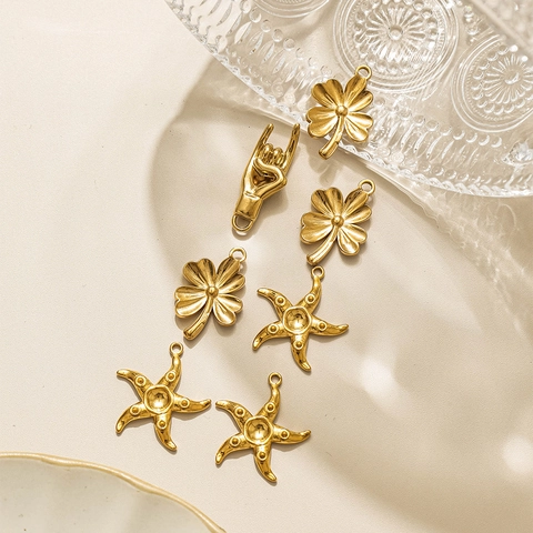 Stainless Steel 18K Gold Plated DIY Charm Pendants Rock Gesture Starfish Four-Leaf Clover For Jewelry Making Punk Style Accessories