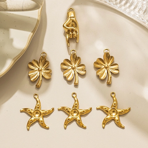 Stainless Steel 18K Gold Plated DIY Charm Pendants Rock Gesture Starfish Four-Leaf Clover For Jewelry Making Punk Style Accessories